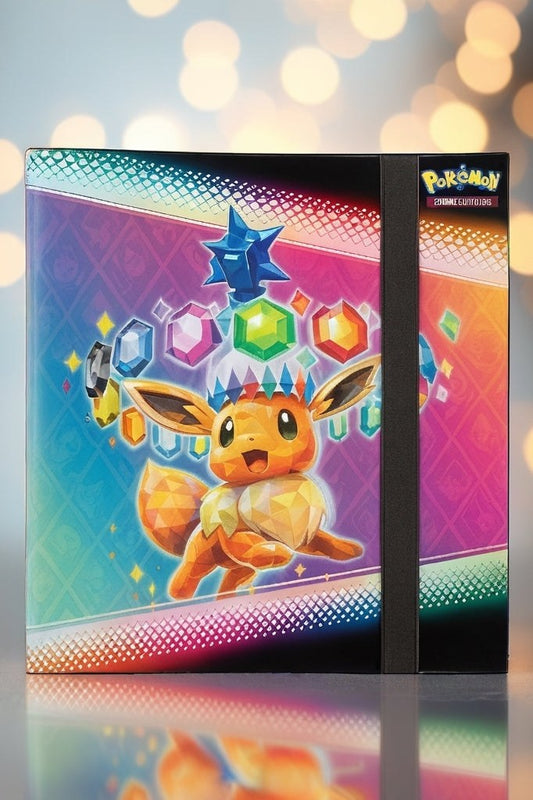 Prismatic Evolutions Eevee card binder with crystal gem-inspired fox design and elastic strap for trading card protection