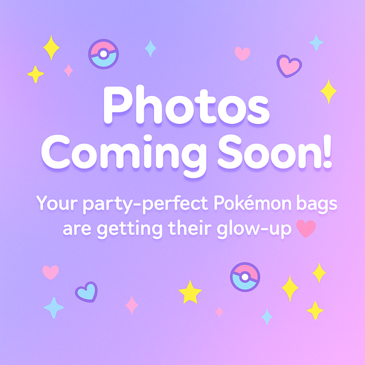 Placeholder image for Pokémon-themed birthday goodie bags with colorful stars, hearts, and Pokéball icons on a purple gradient background and text "Photos Coming Soon!"