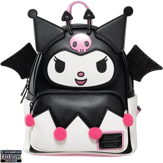 Sanrio Kuromi mini backpack in black and white with pink pom-poms, jester face, and bat wings cosplay bag