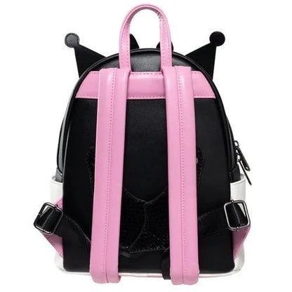 Sanrio Kuromi Mini Backpack in black and pink with pom-poms and jester ears, vegan leather cosplay bag